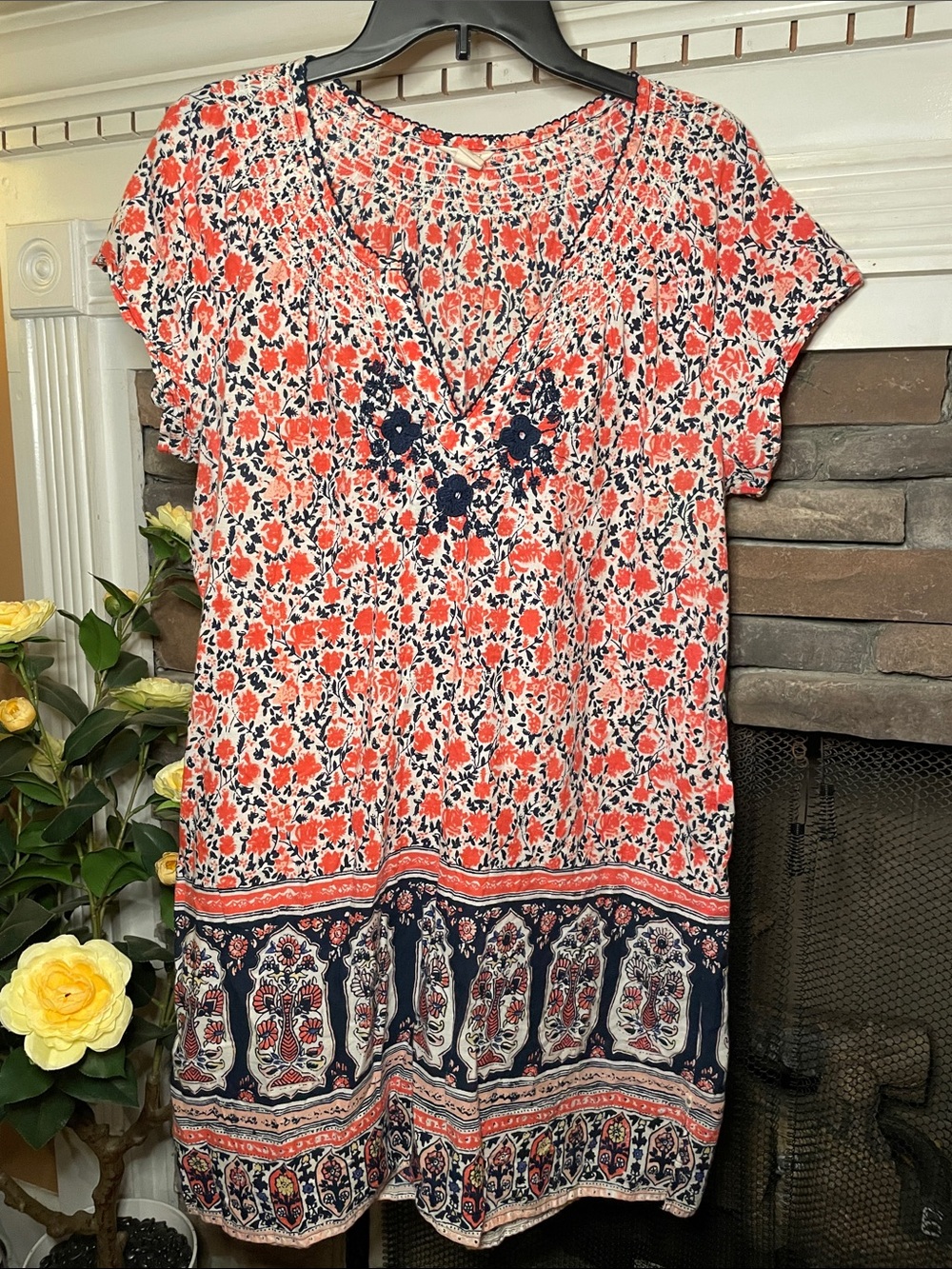 Coral and Navy Floral Boho Tunic Dress